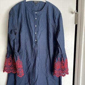 J.Crew Women's Bell Sleeve Embroidered Eyelet Shift Dress in Navy Red Size